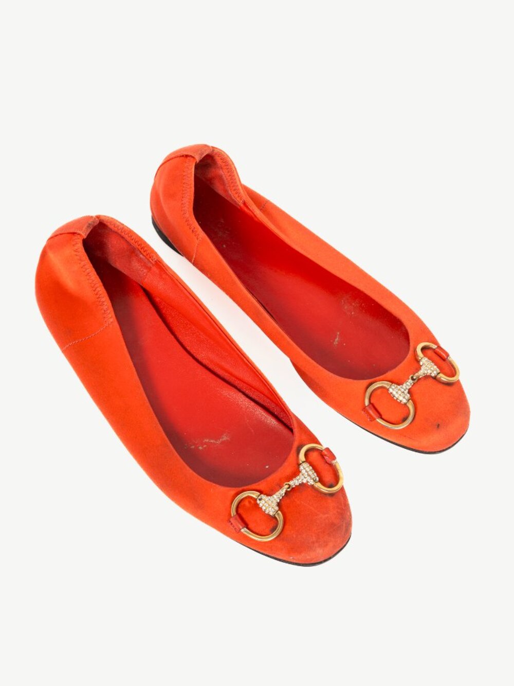 Gucci Orange Satin Crystal-Horsebit Ballet Flats